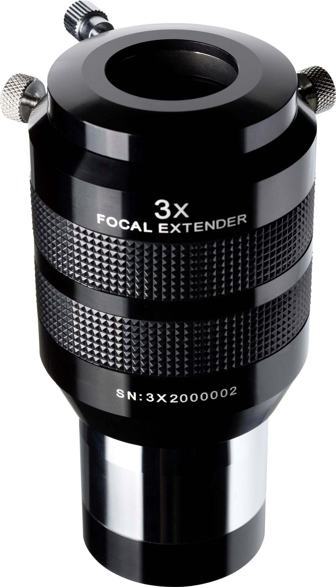 Ein schwarzer 3x Fokal-Extender mit metallischen Details und der Seriennummer 'SN:3X2000002'.