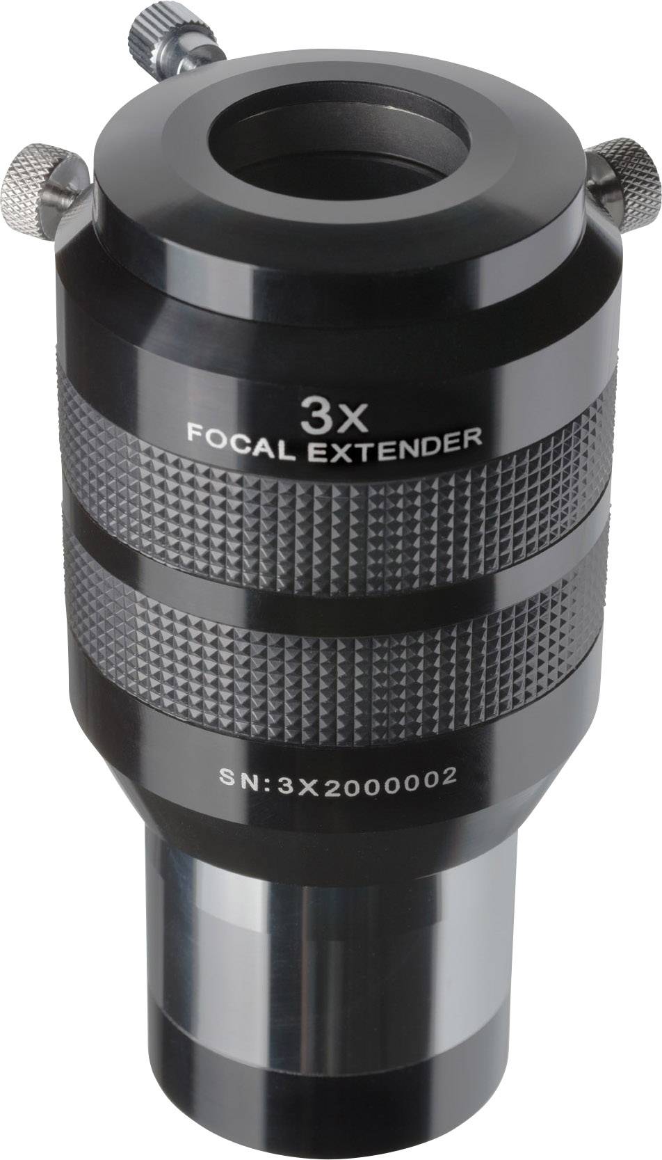 Ein schwarzer 3x Focal Extender mit geriffelter Oberfläche und silbernen Schrauben, gekennzeichnet mit Seriennummer SN:3X2000002.