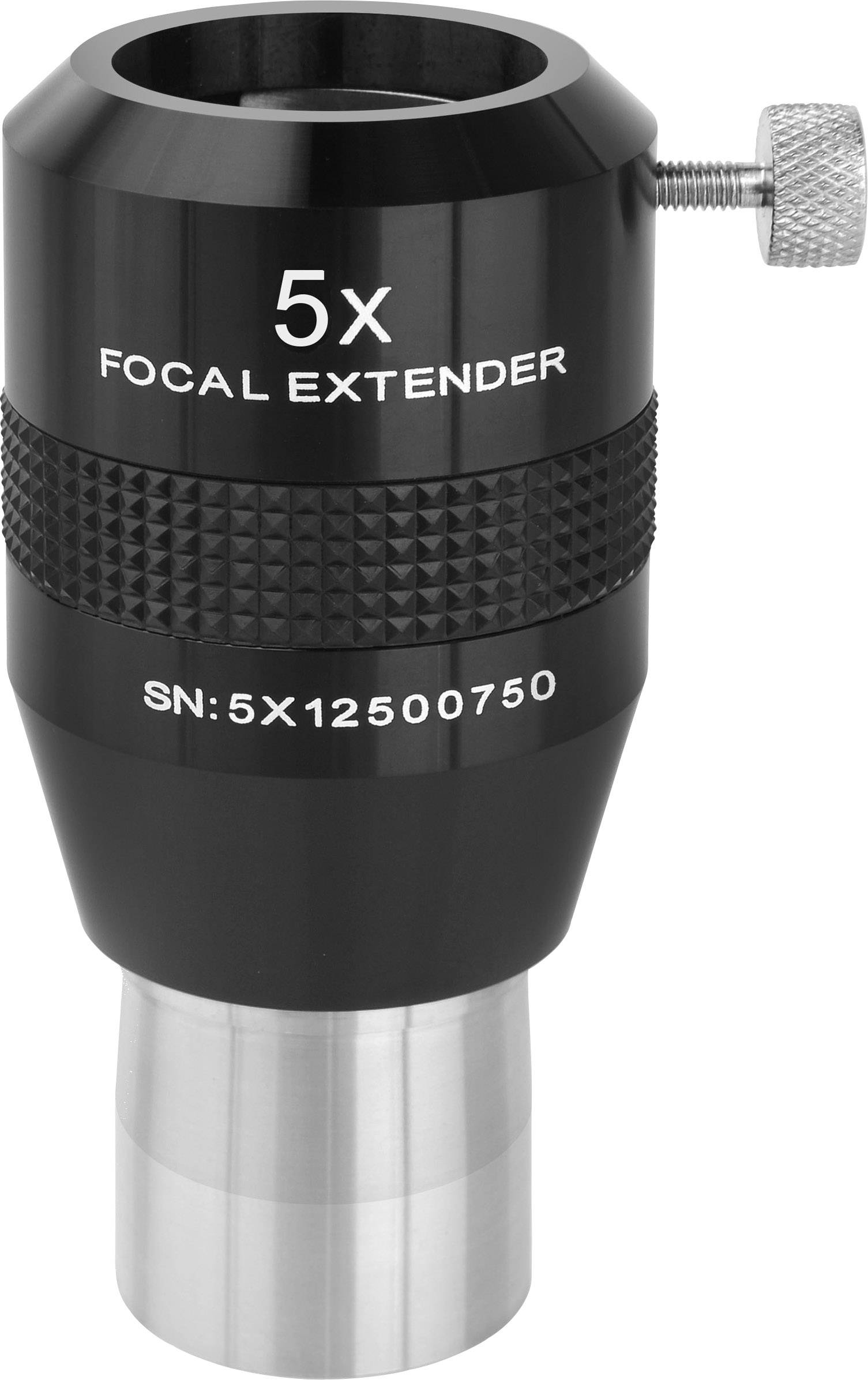 Ein schwarzer 5x Focal Extender für Teleskope, mit silbernem Anschluss und Schraube zur Justierung, Seriennummer aufgedruckt.