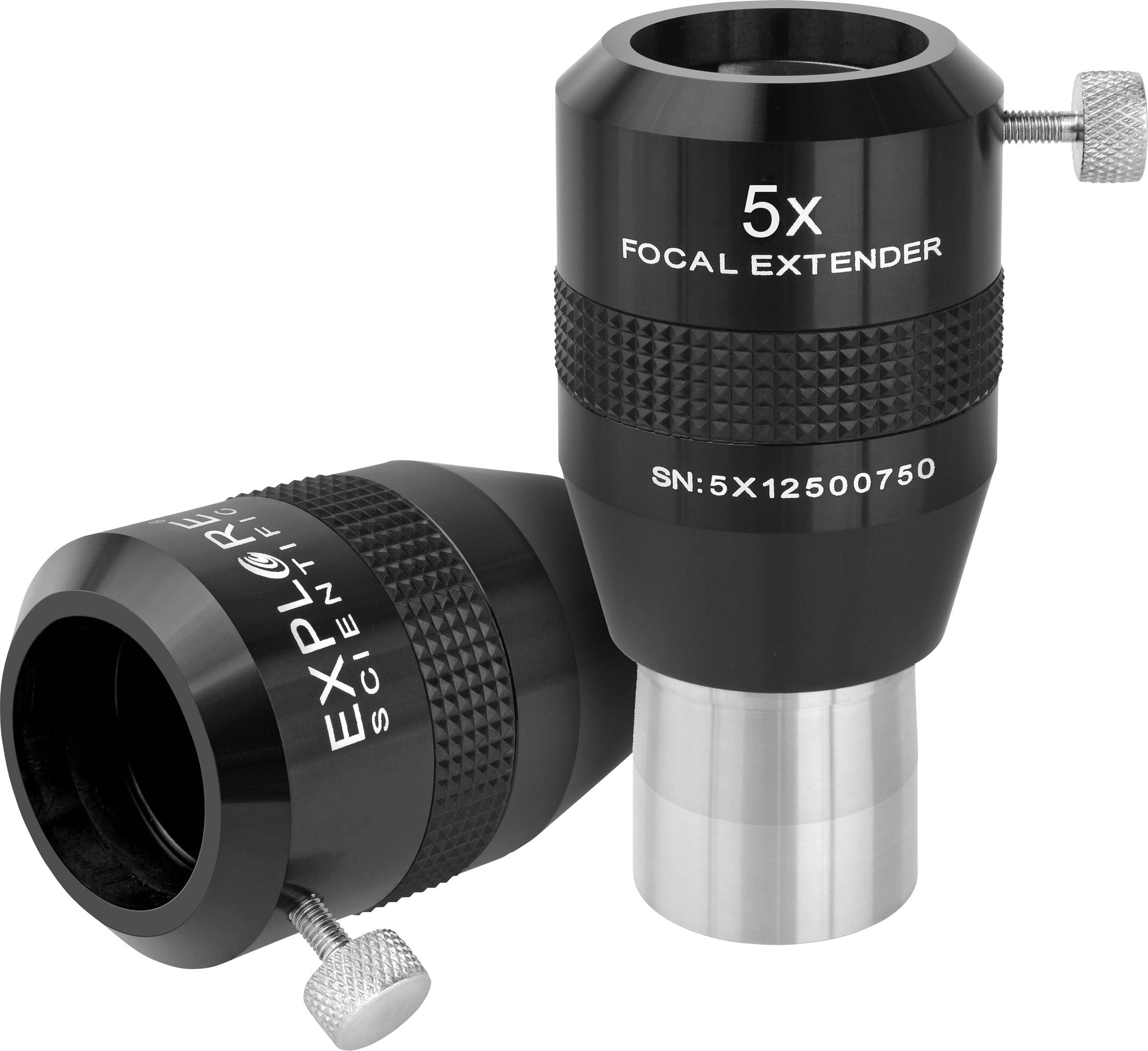 'Focal Extender 5x' von Explore Scientific mit einem schwarz-silbernen Design, verbessert die Vergrößerungsleistung von Teleskopen.