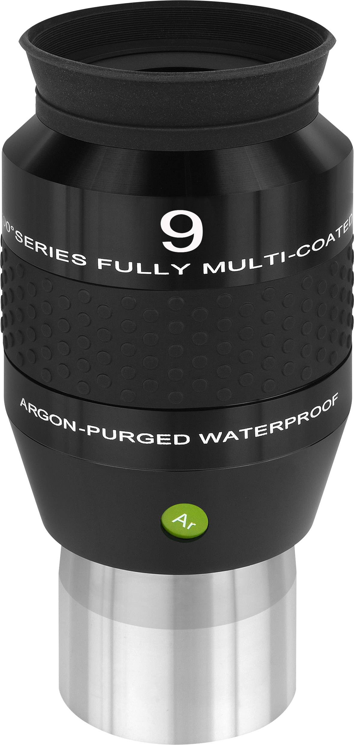Ein schwarzes Okular mit Aufdruck '9 mm Series Fully Multi-Coated' und 'Argon-Purged Waterproof', geeignet für Teleskope oder Beobachtung.