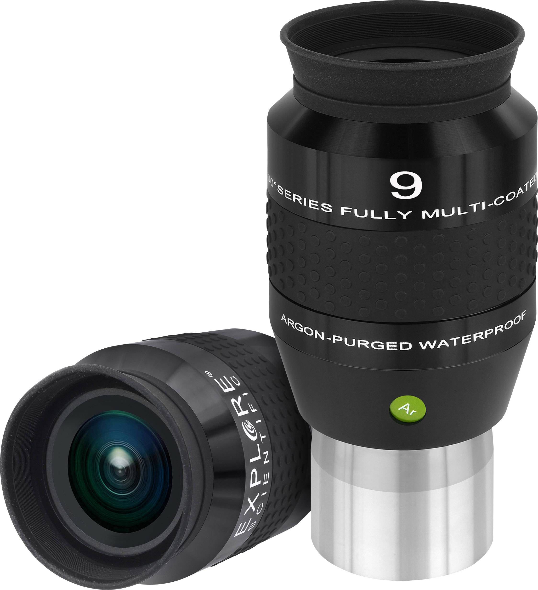 Ein schwarzes Teleskop-Okular mit der Aufschrift '9', angedeutet als wasserfest und mehrfach beschichtet, auf weißem Hintergrund.