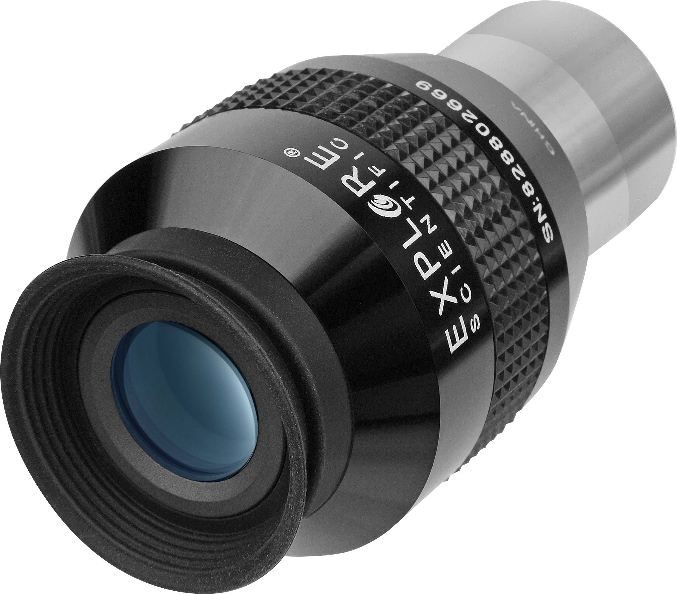 Ein schwarzes und silbernes Okular von Explore Scientific, Modell 6,5 mm, mit blauer Linse, für Teleskope.