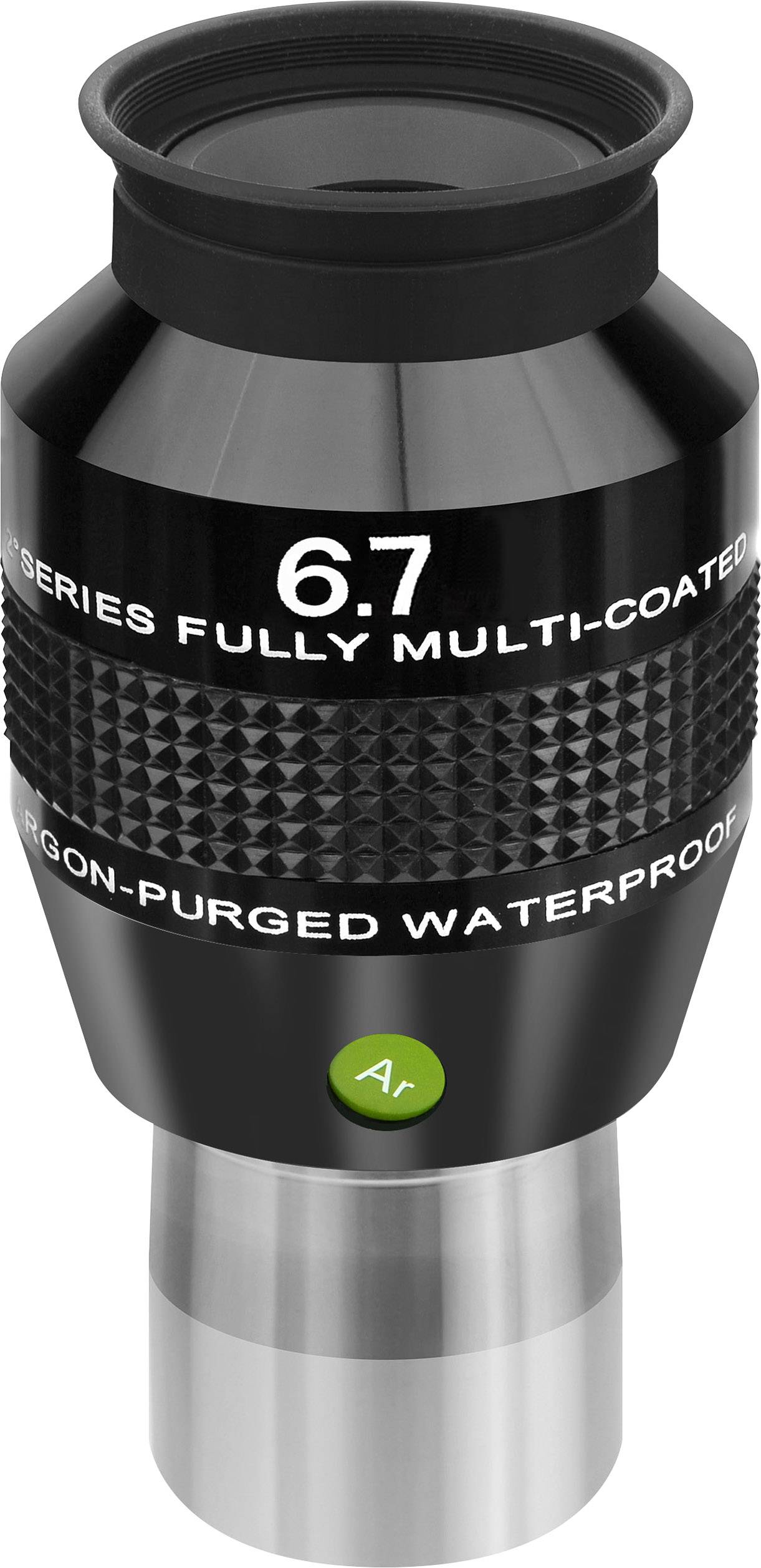 Ein schwarzes Teleskop-Okular mit der Aufschrift '6.7' und 'Argon-Purged Waterproof'.