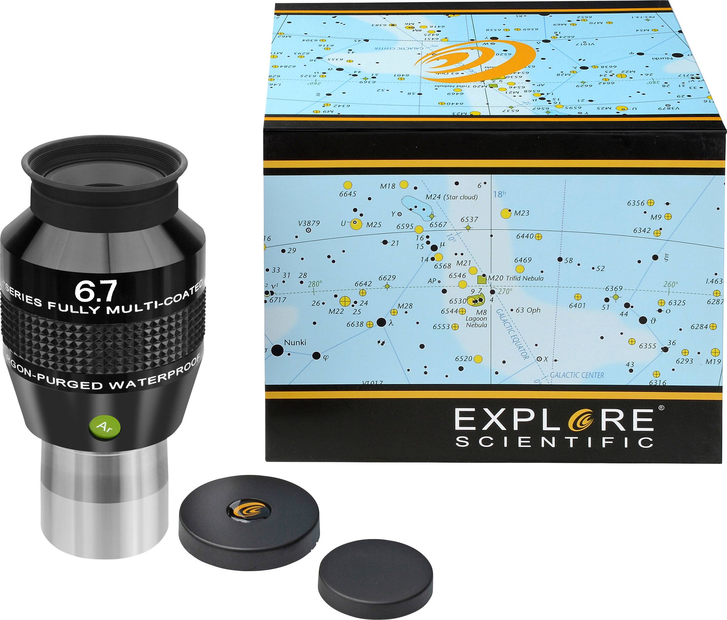 Ein Okular neben einer detaillierten Sternkarte auf einer Verpackung von 'Explore Scientific'. Geeignet für Hobbyastronomen.