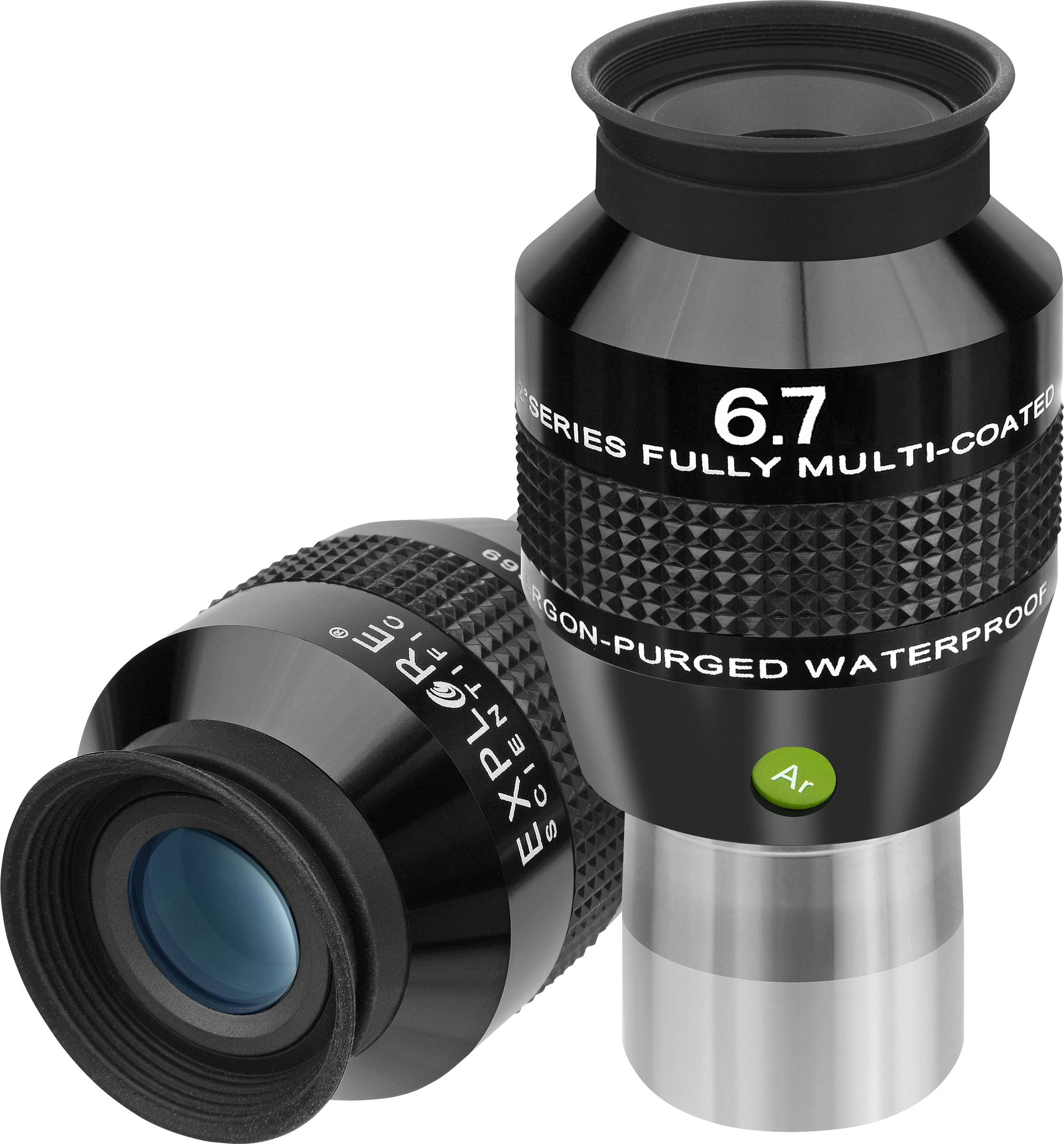 Zwei hochwertige Teleskopokulare der Marke Explore Scientific. Eines steht aufrecht, das andere liegt, beide mit schwarzem Gehäuse.