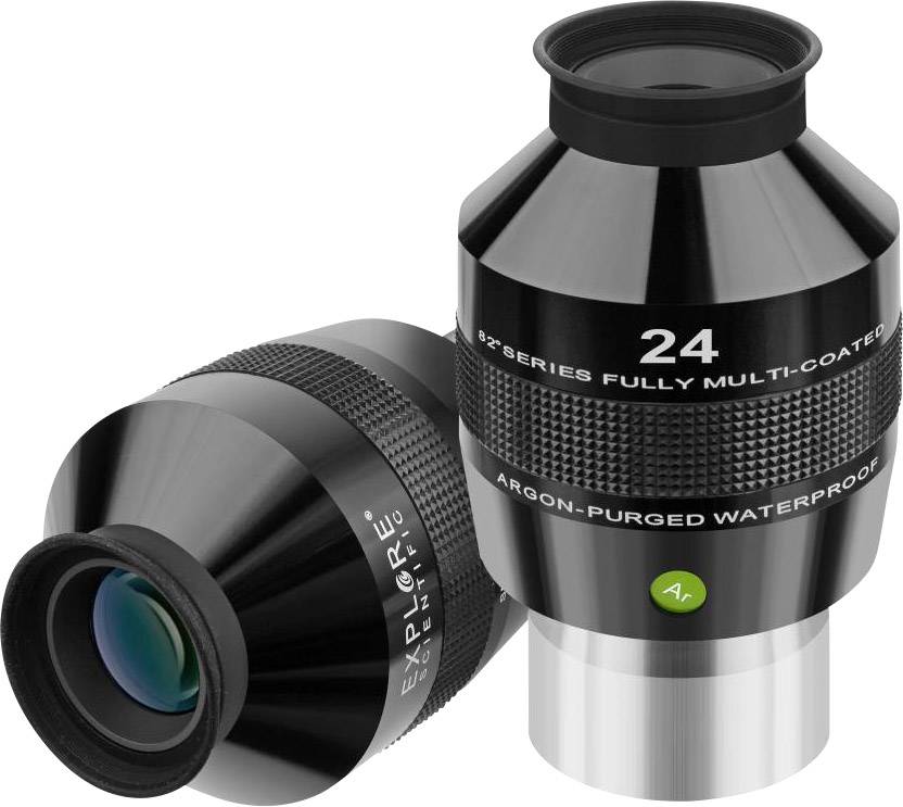 Zwei schwarze Teleskopokulare mit grünen und weißen Inschriften; eines zeigt 'Explore Scientific', das andere hat '24' und technische Details.