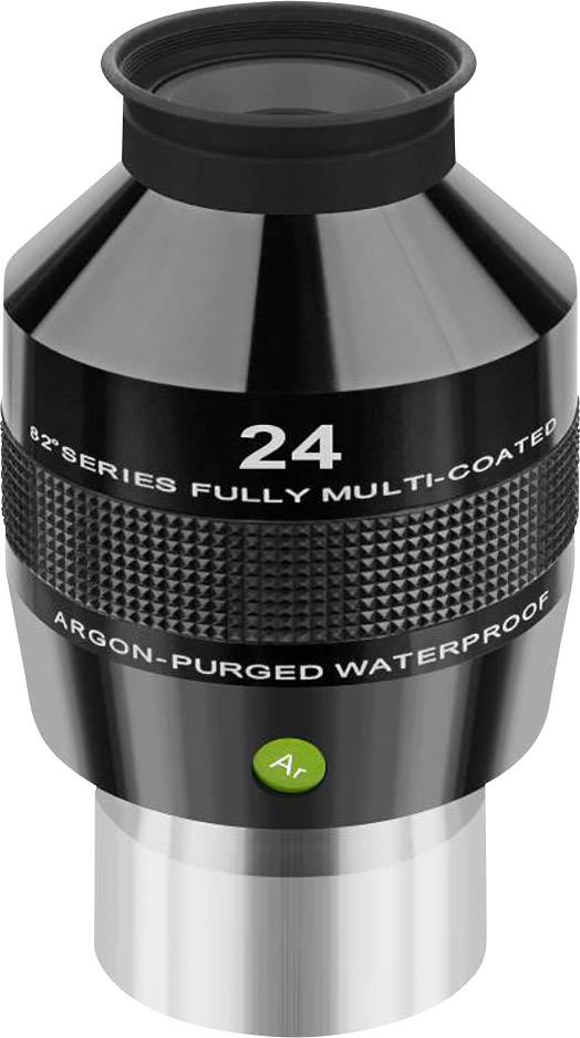 Ein schwarzes und silbernes Teleskop-Okular mit der Beschriftung '24', '82° Series Fully Multi-Coated', und 'Argon-Purged Waterproof'.