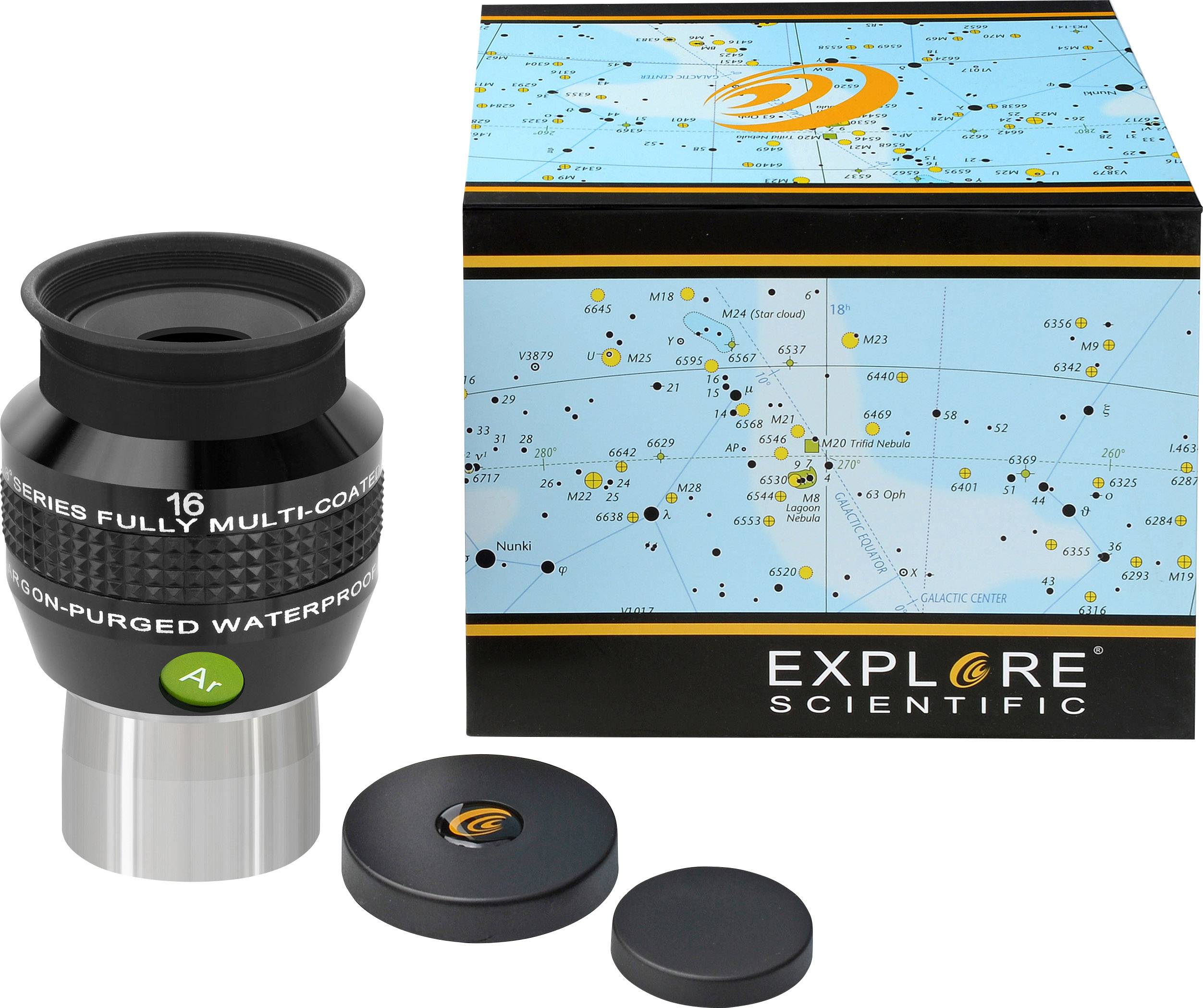 Teleskop-Okular mit Verpackung. Auf der Verpackung ist eine Sternenkarte abgebildet.