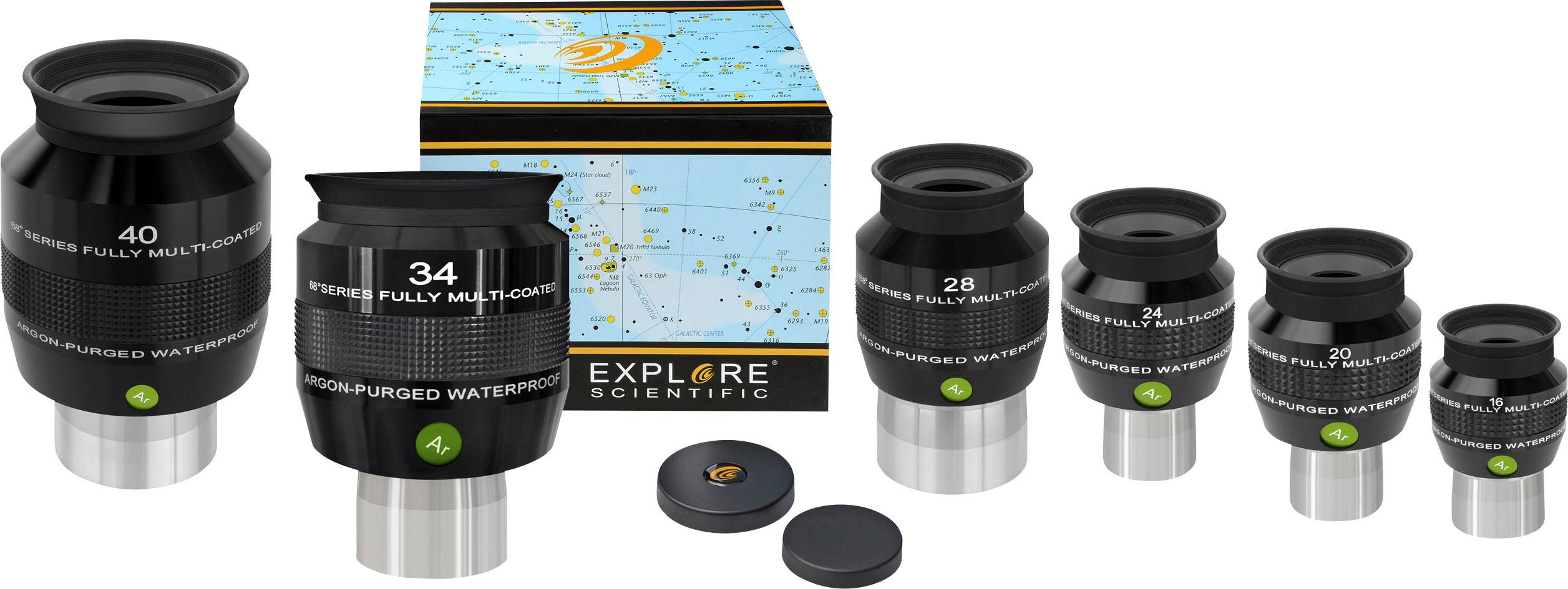 'Explore Scientific'-Teleskop-Okularset mit verschiedenen Größen, umgeben von einer Verpackung mit Sternbild-Karte.