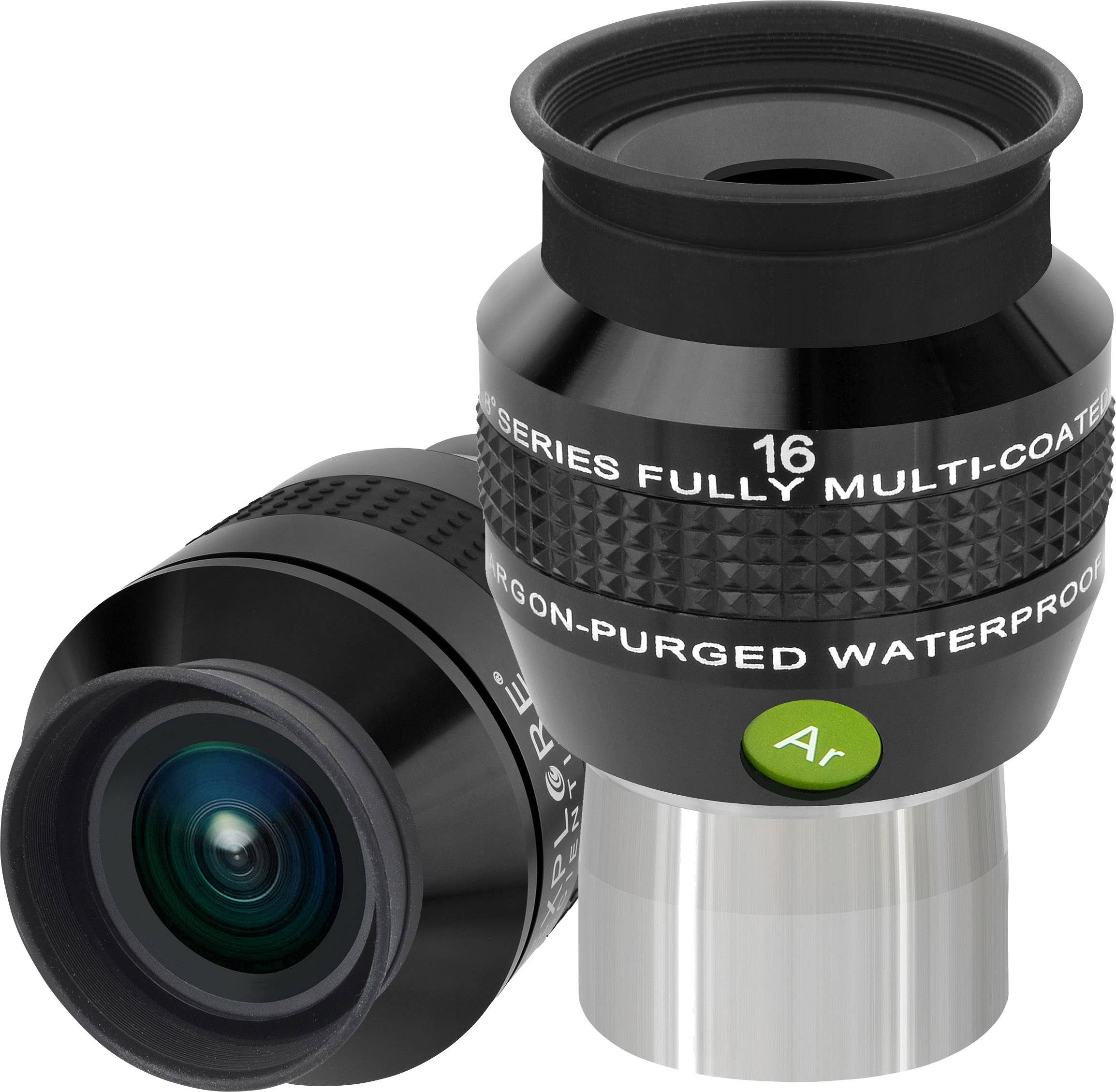 Zwei schwarze Okulare mit der Beschriftung 'Fully Multi-Coated' und 'Nitrogen-Purged Waterproof'. Ein Okular zeigt das Objektiv.
