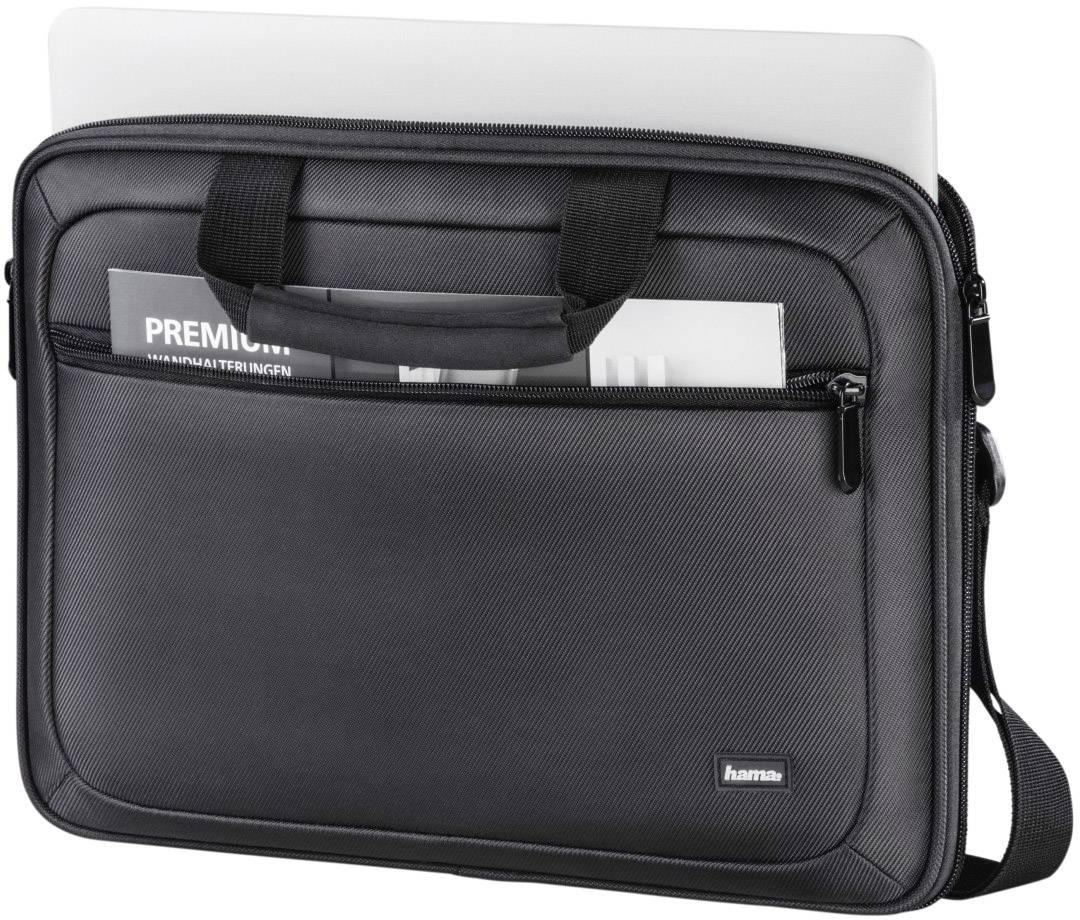 Schwarze Laptop-Tasche mit Reißverschluss und Tragegriffen, vorderes Fach enthält ein Dokument, ein Laptop ist teilweise sichtbar.