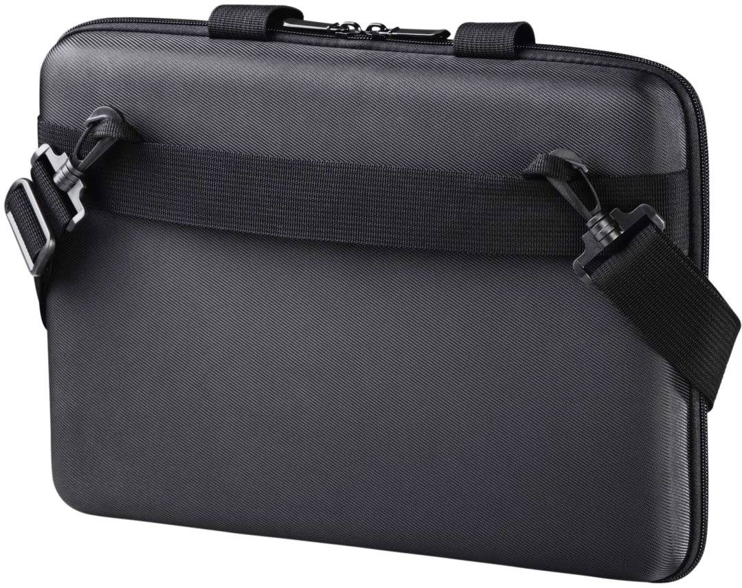 Eine schwarze Laptop-Tasche mit einem Tragegurt und Reißverschluss. Die Tasche wirkt robust und funktional.
