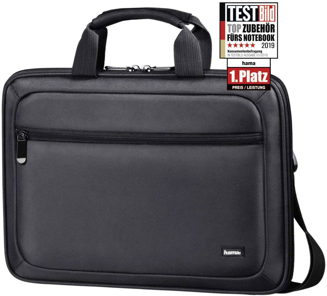 Schwarze Notebook-Tasche von hama, Testsieger 2019 laut 'TESTBild'. Sie bietet Stauraum mit Reißverschlusstaschen und Schultergurt.