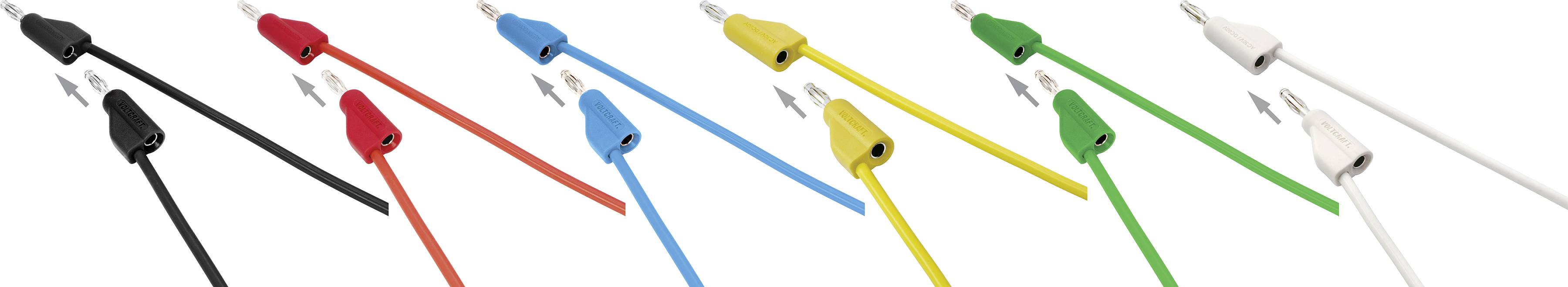 Bunte Bananenstecker in verschiedenen Farben: Schwarz, Rot, Gelb, Blau, Grün und Weiß, jeweils mit Kabel und Metallstecker.