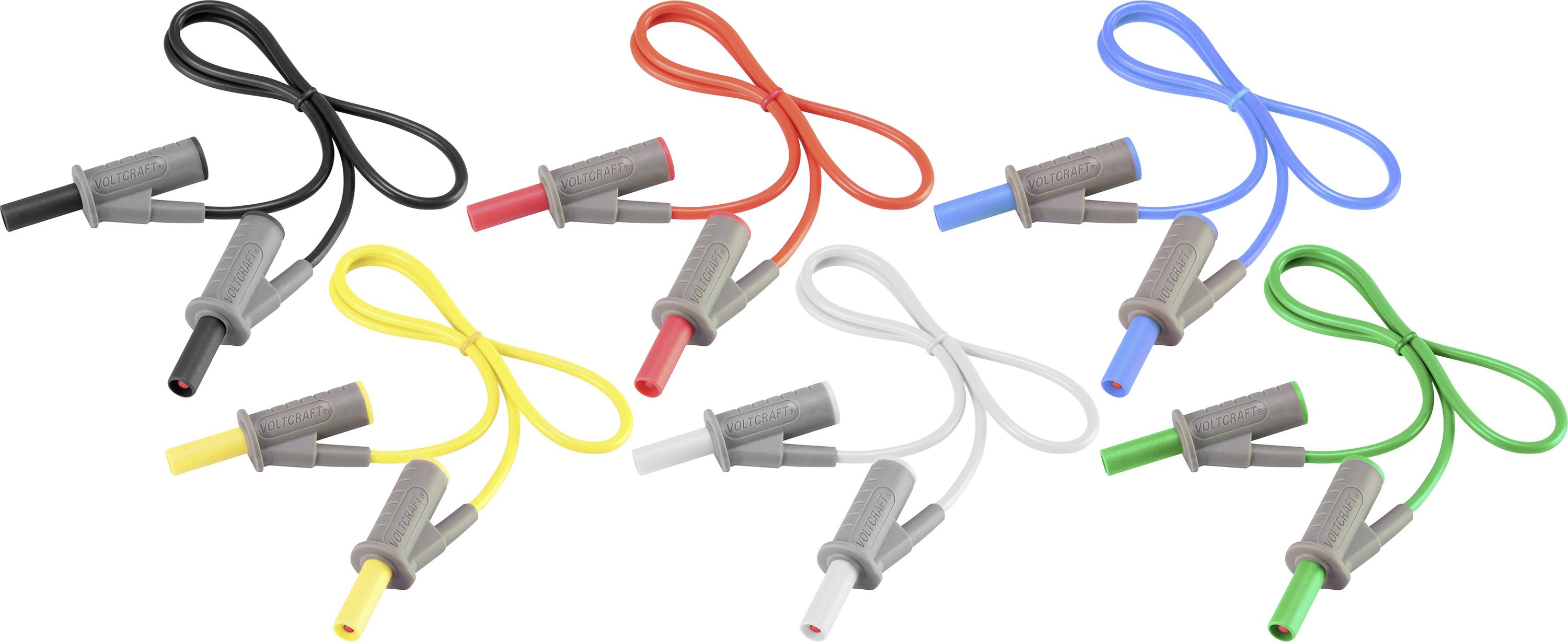 Sieben farbige Bananenstecker mit Krokodilklemmen: schwarz, rot, blau, gelb, weiß, grün und orange. Für elektrische Verbindungen.