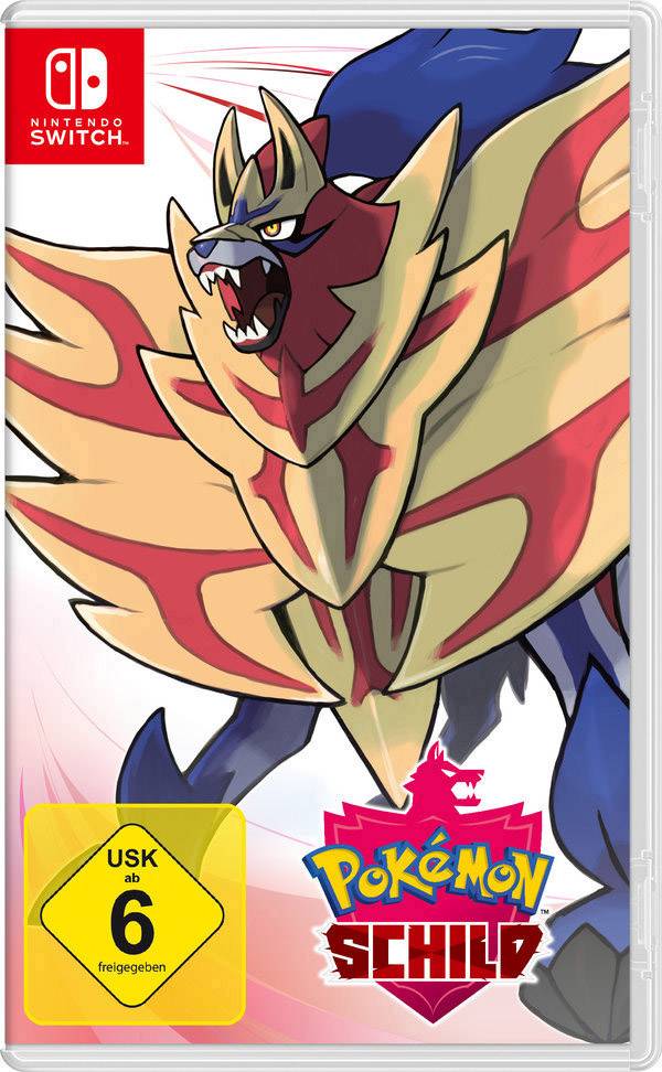 Ein Videospiel-Cover von 'Pokémon Schild' für Nintendo Switch zeigt ein mächtiges, schildförmiges Pokémon in Rot und Beige. Freigegeben ab 6 Jahren.