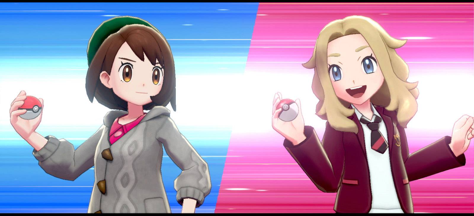 Zwei Anime-Charaktere in einem Pokémon-Kampf. Links: Kurzes dunkelbraunes Haar, graue Jacke. Rechts: Langes blondes Haar, roter Blazer. Beide halten Pokébälle.