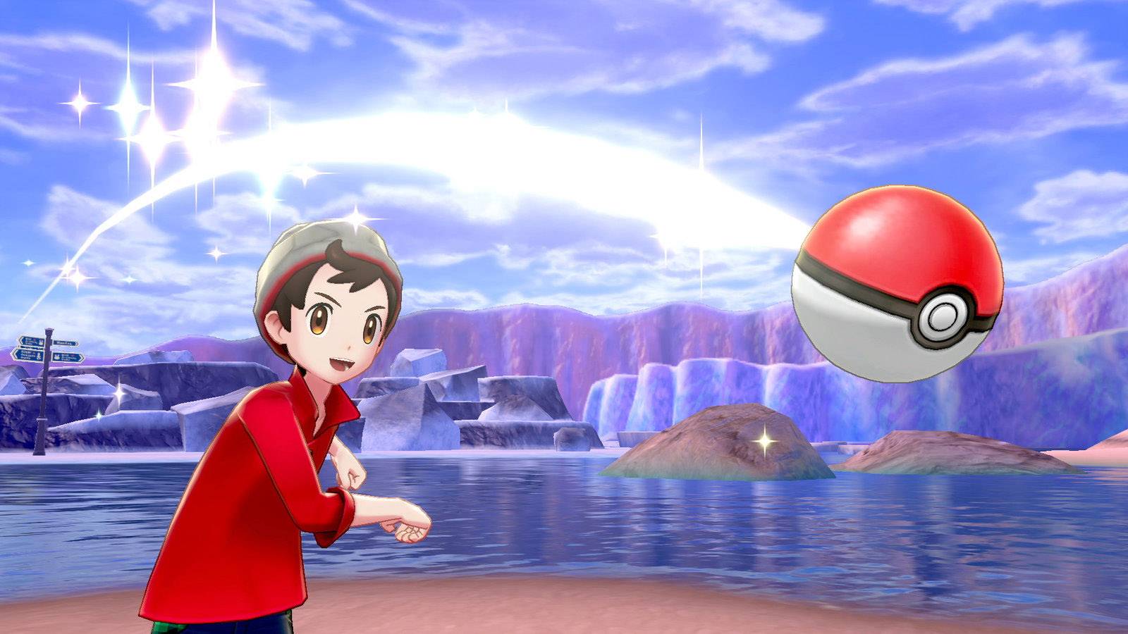 Ein Junge in roter Kleidung wirft einen Pokéball über einen See in einer malerischen Landschaft mit klarem Himmel und Bergen im Hintergrund.