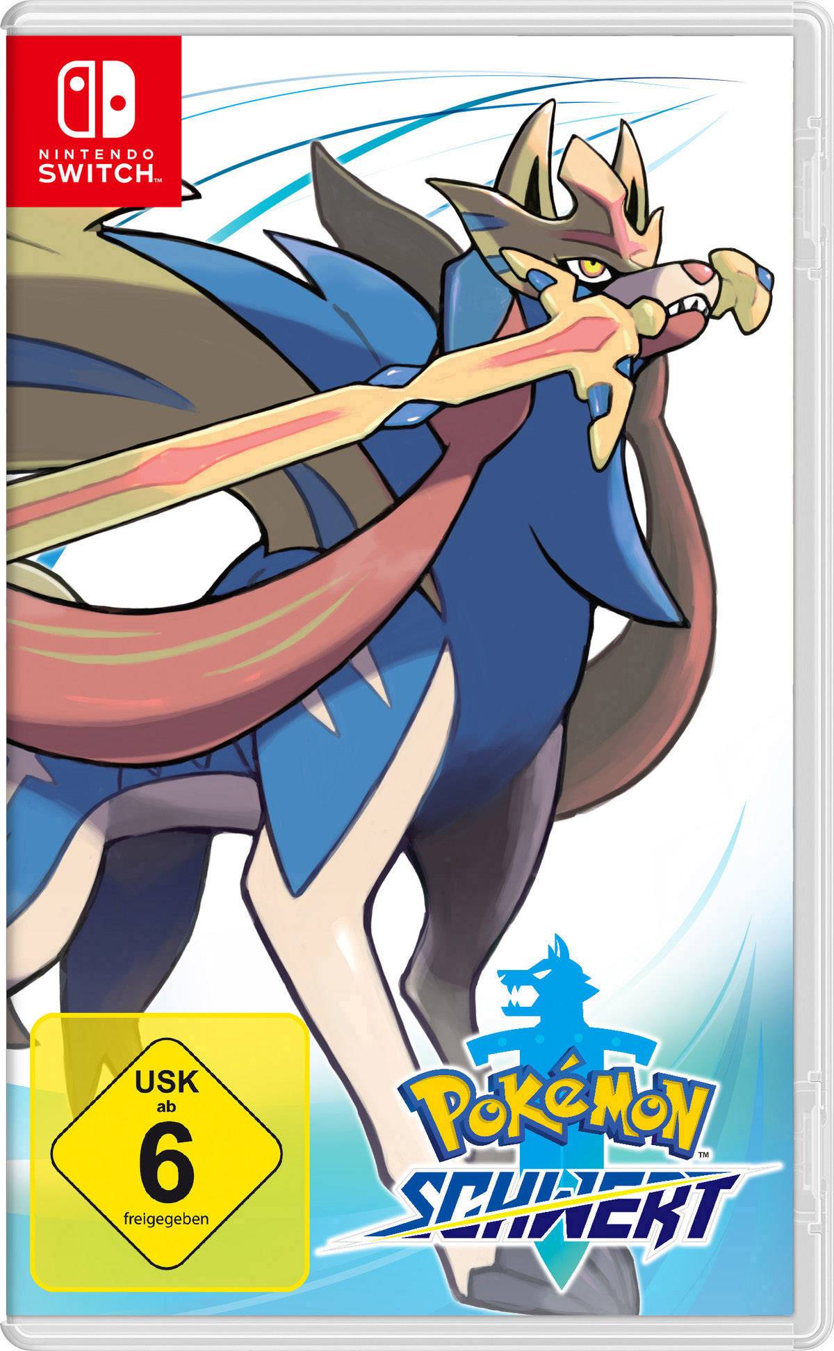 Cover des Spiels 'Pokémon Schwert' für Nintendo Switch, zeigt ein legendäres Pokémon mit Schwert im Maul. USK ab 6 Jahren.