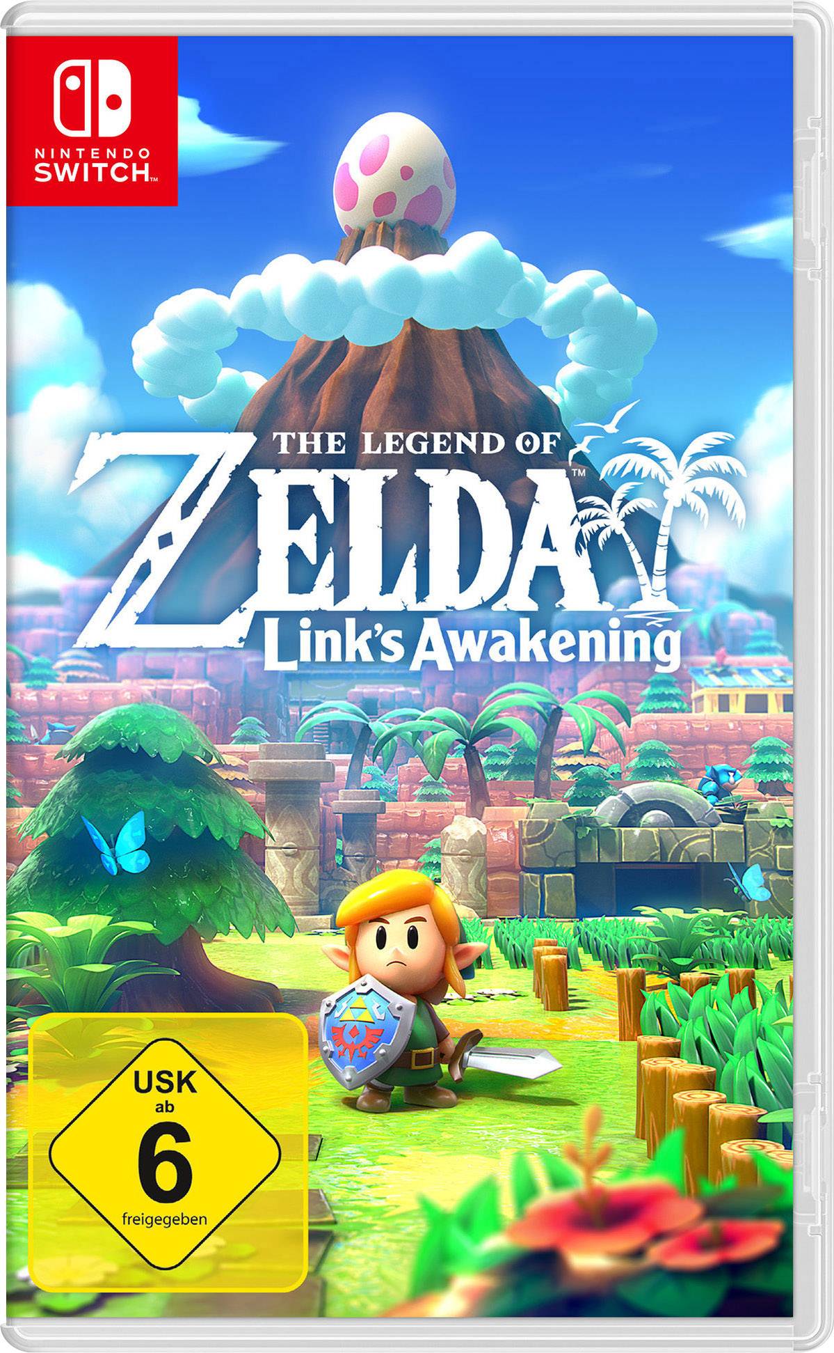 Spielverpackung von 'The Legend of Zelda: Link's Awakening' für Nintendo Switch, mit Held in grüner Landschaft und Ulra-Berg im Hintergrund. USK 6-Freigabe sichtbar.
