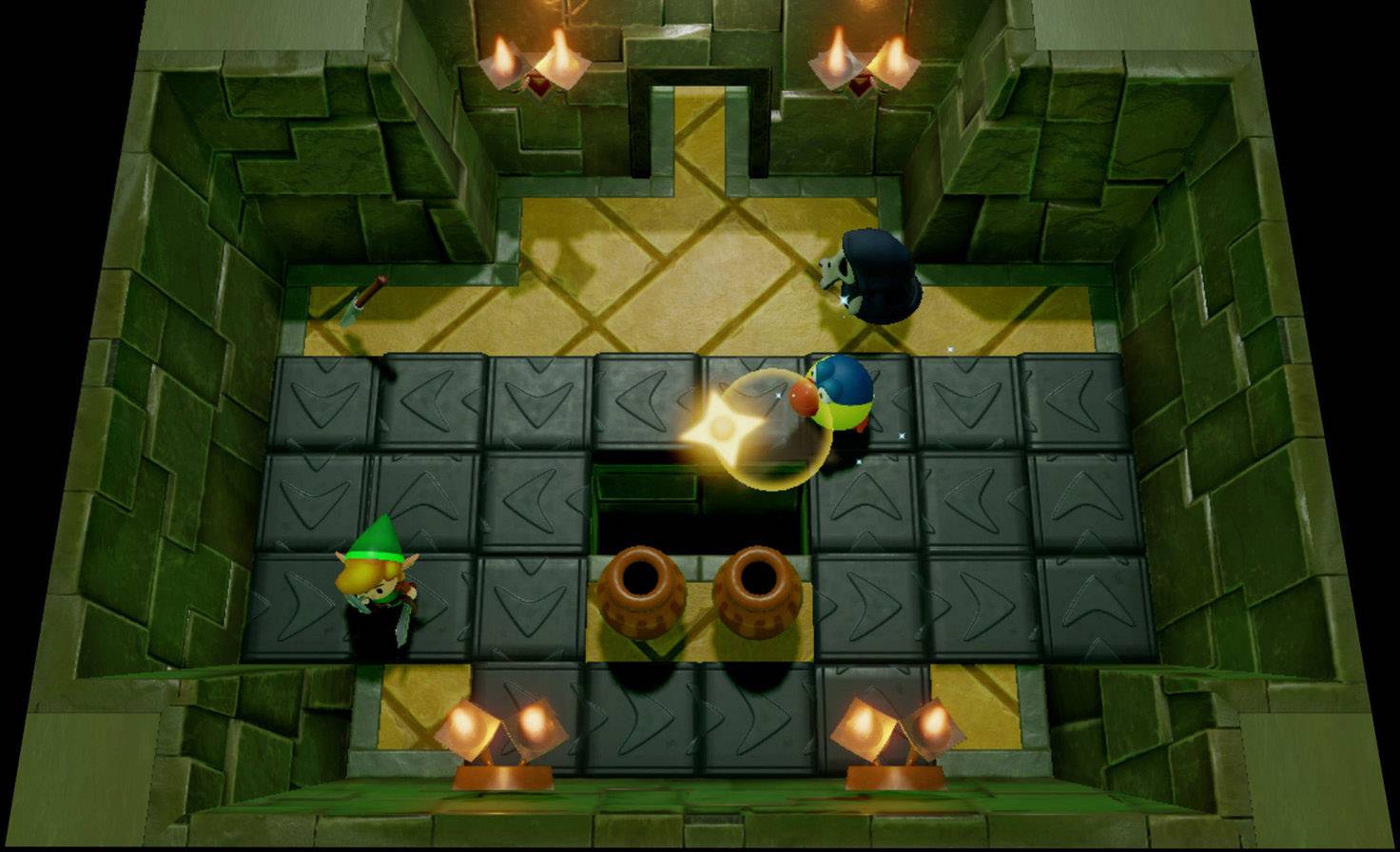 Ein Raum in einem Videospiel mit zwei Charakteren. Einer trägt grüne Kleidung, der andere dunkle. Zwei Fackeln brennen, zwei Tontöpfe stehen in der Mitte.