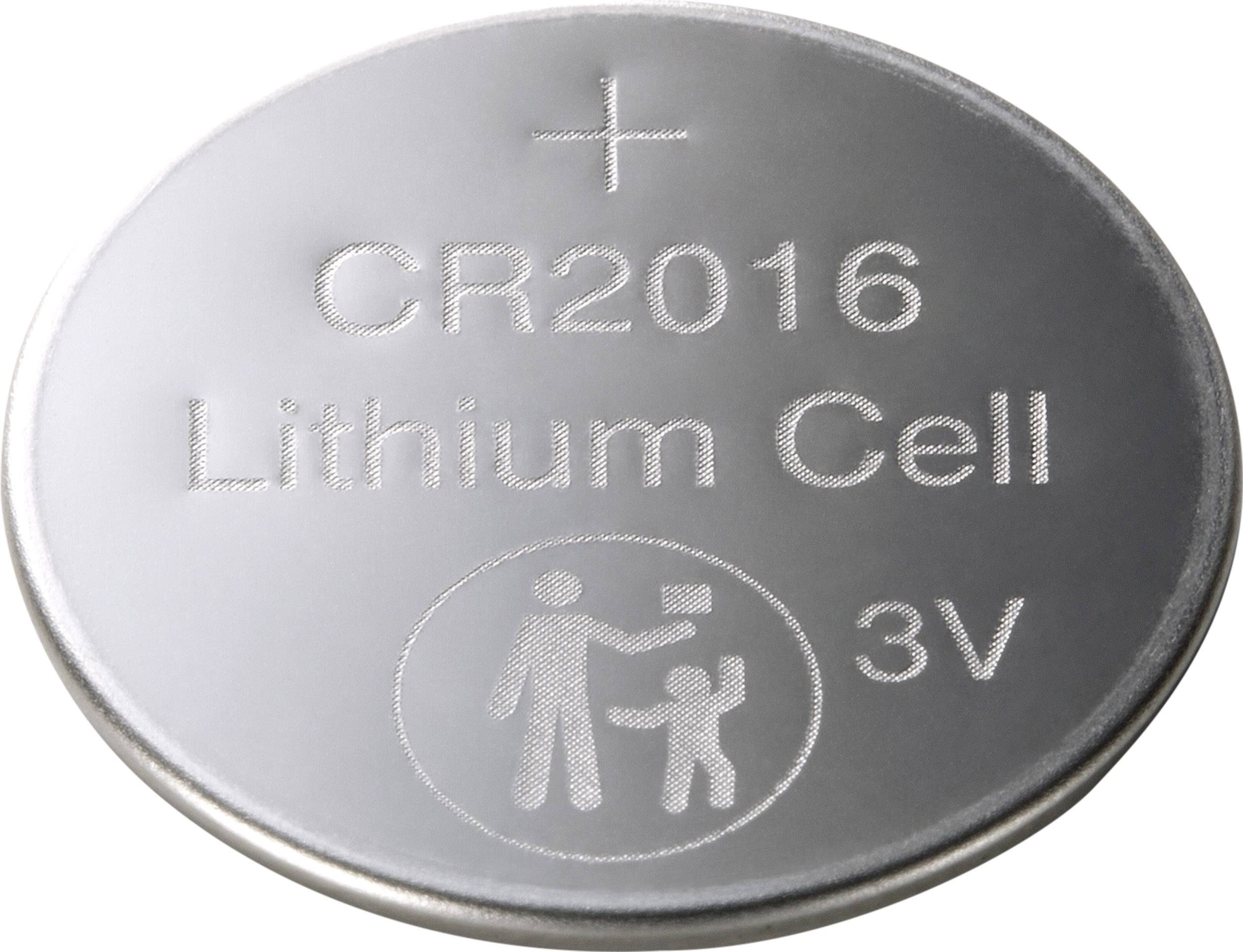 Eine flache Knopfzellenbatterie mit der Aufschrift 'CR2016 Lithium Cell 3V'. Ein Symbol warnt vor dem Verschlucken durch Kinder.