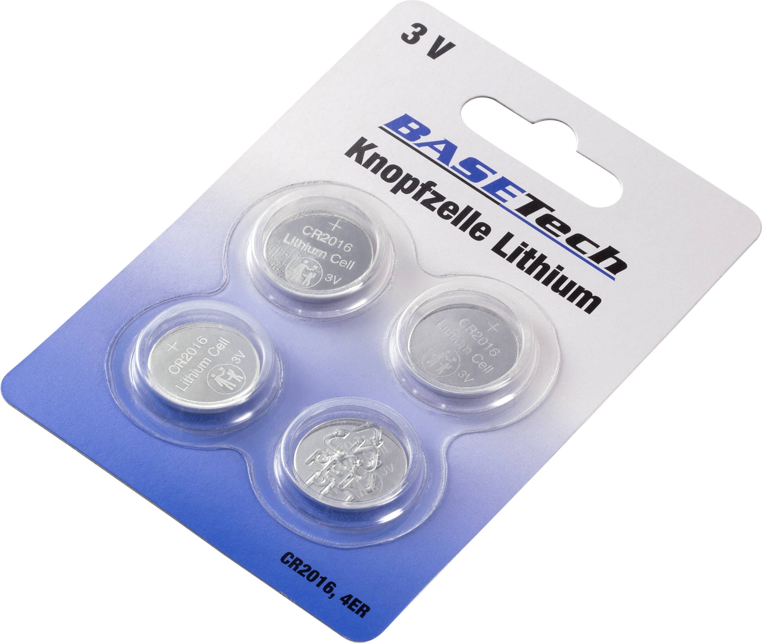 Vier Knopfzellen-Batterien auf einer Verpackungskarte. Aufdrucke: 'BASETech', '3 V', 'Knopfzelle Lithium', 'CR2016'.