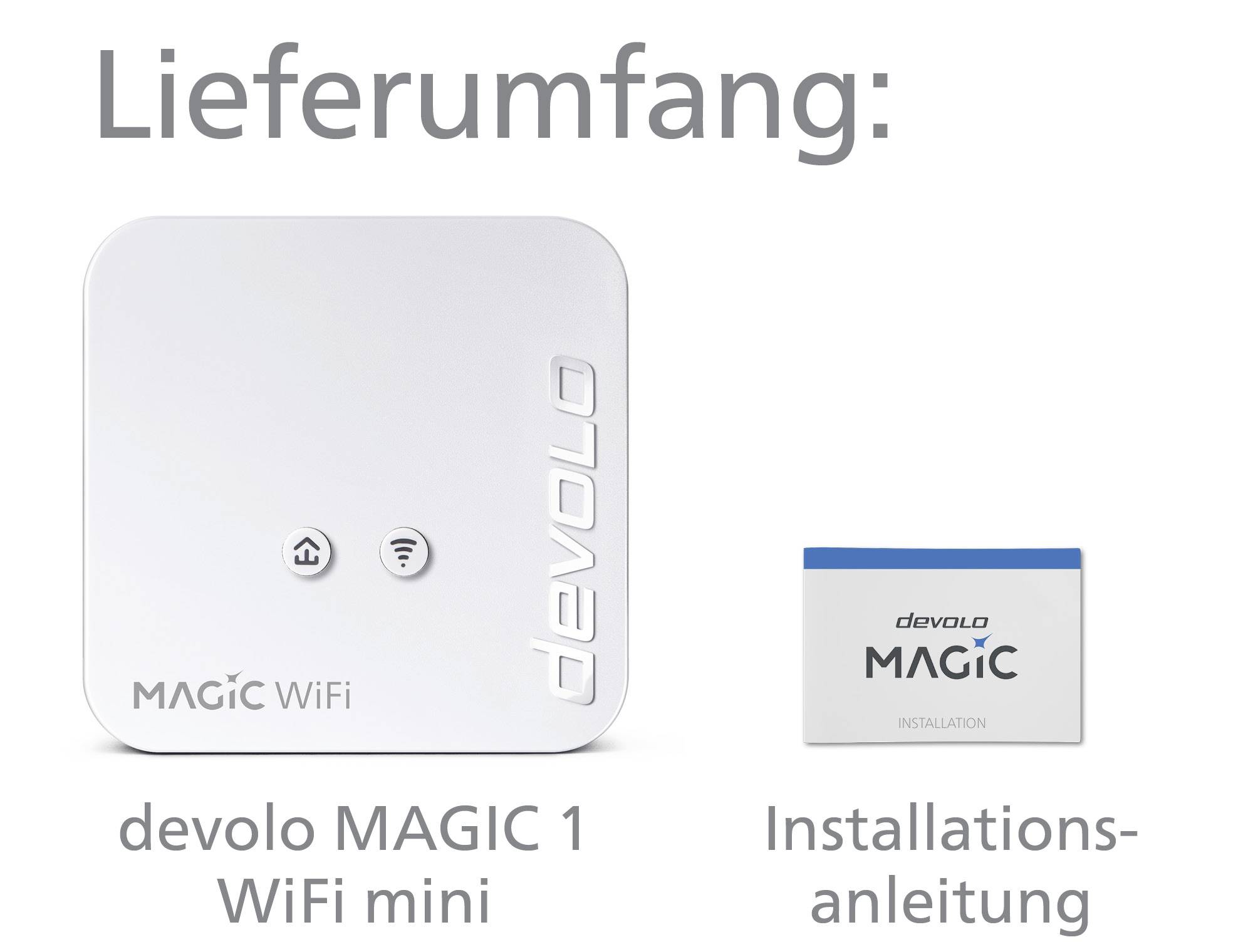 'Lieferumfang: devolo MAGIC 1 WiFi mini und Installationsanleitung' zeigt ein weißes WLAN-Gerät und eine Anleitung.