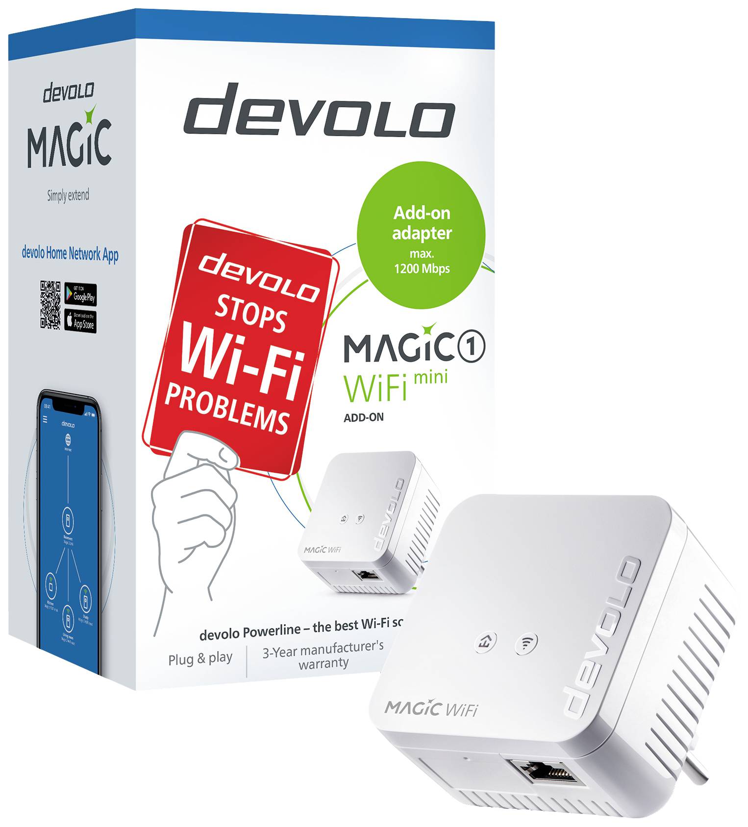 Ein weißer WLAN-Adapter von Devolo mit Verpackung. Auf der Packung steht 'Stops Wi-Fi Problems'. Adapter bietet bis zu 1200 Mbps.
