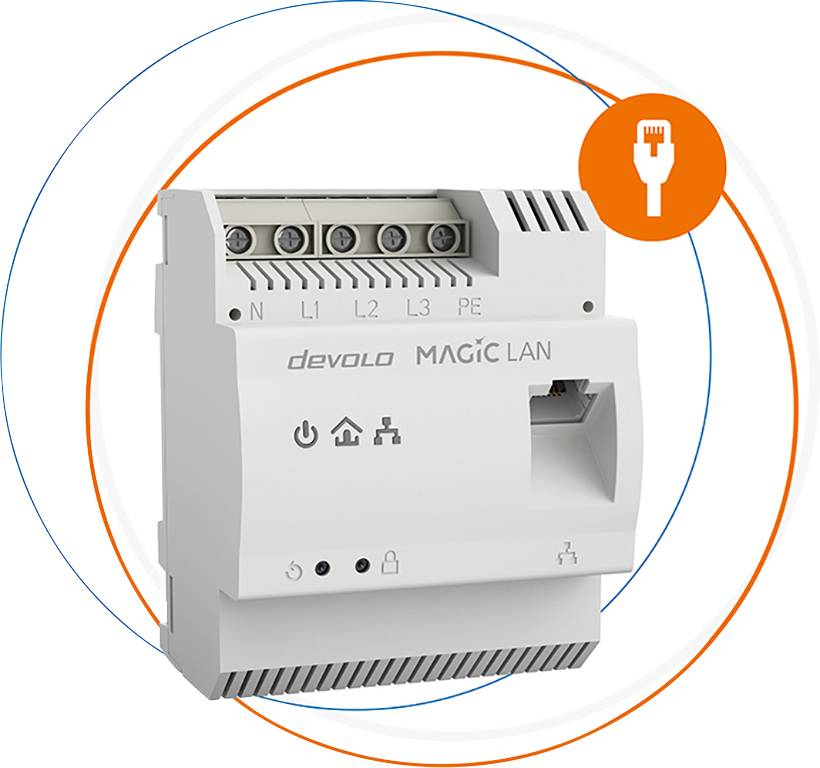 Ein Netzwerkadapter von Devolo mit der Aufschrift 'MAGIC LAN', mehreren Anschlüssen und Symbole für Leistung und Netzwerkkonnektivität.