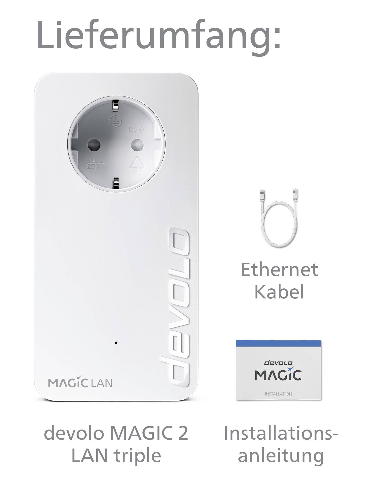 Lieferumfang: Ein Devolo MAGIC 2 LAN Triple Adapter, ein Ethernet-Kabel und eine Installationsanleitung.