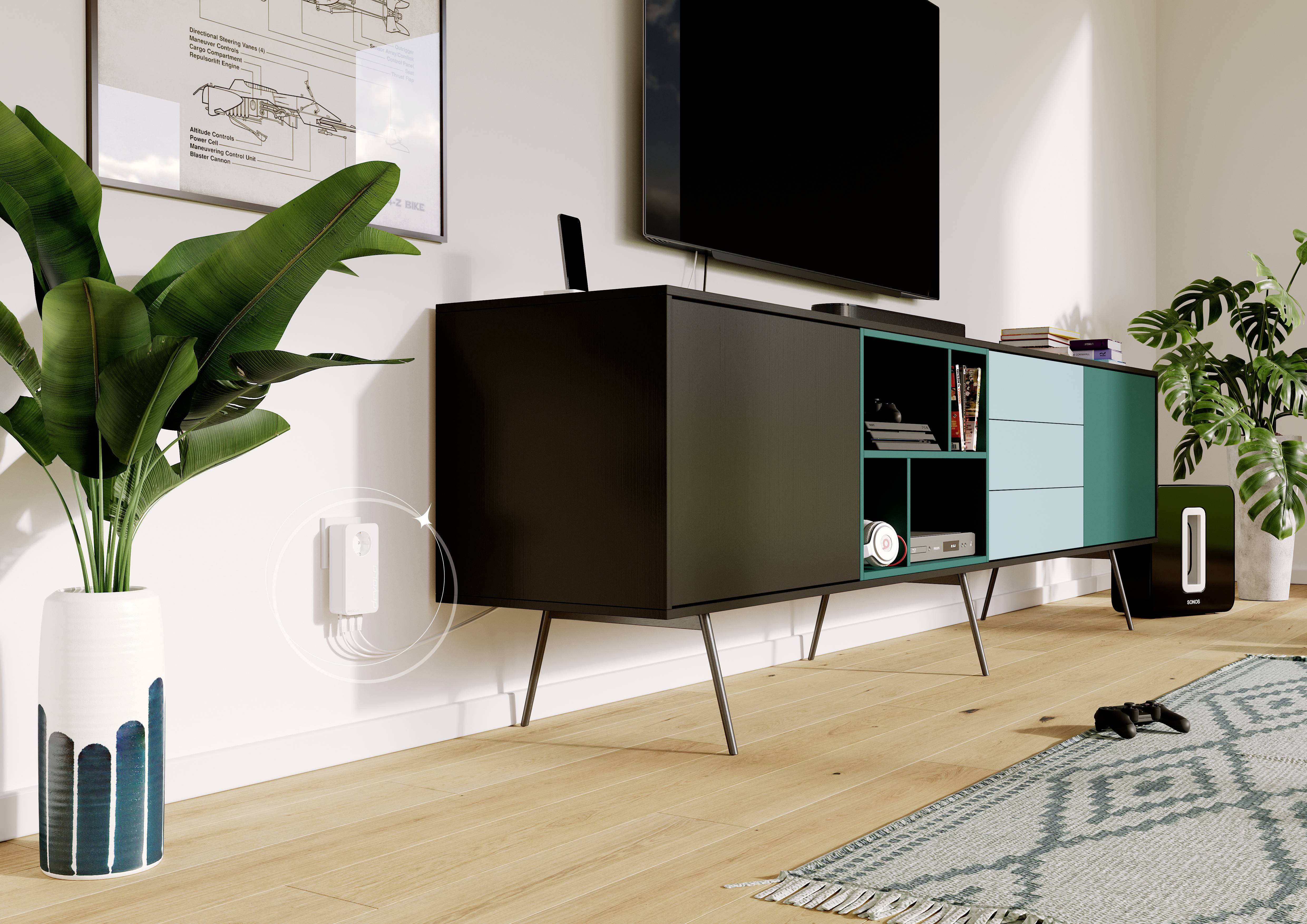 Modernes Wohnzimmer mit Sideboard, Fernseher, Pflanzen und Holzfußboden. Skandinavisches Design mit minimalistischen Möbeln.