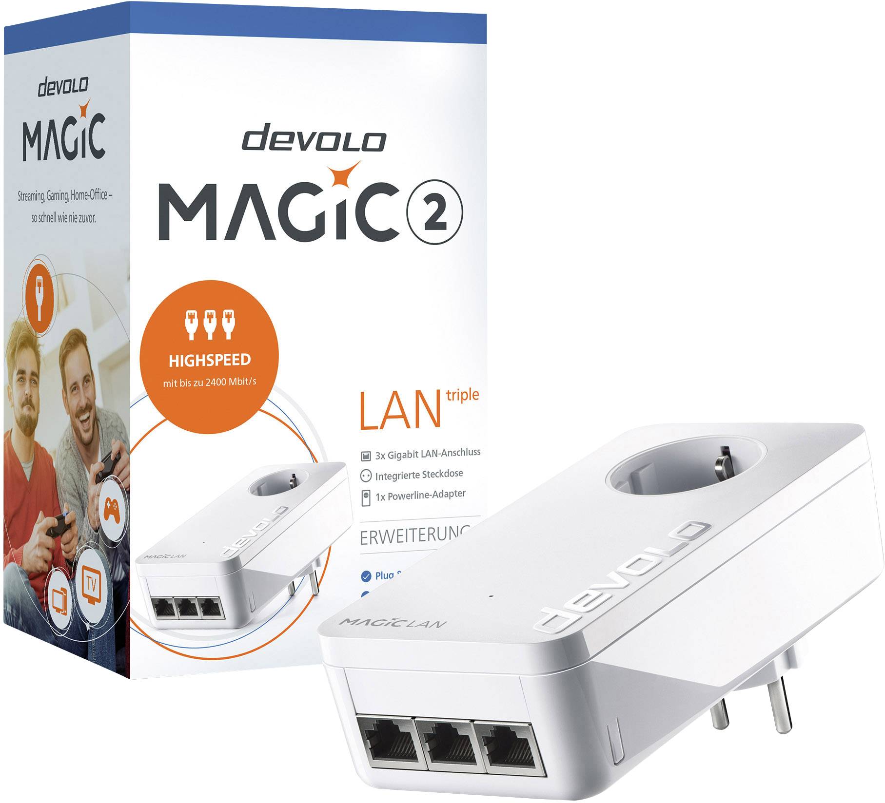 Ein Devolo Magic 2 LAN triple Adapter für schnelles Internet über die Steckdose, mit drei LAN-Anschlüssen und hoher Geschwindigkeitsunterstützung bis 2400 Mbit/s.