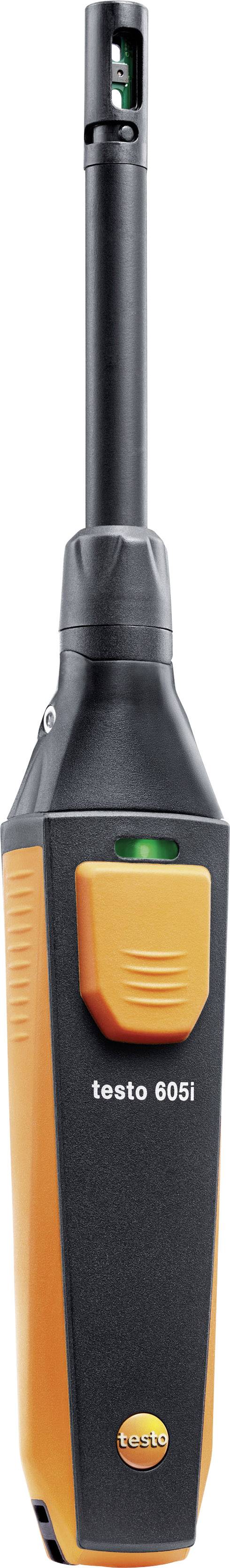Ein digitales, tragbares Thermometer in Orange und Schwarz, Modell 'testo 605i', mit messender Sensorik an der Spitze.