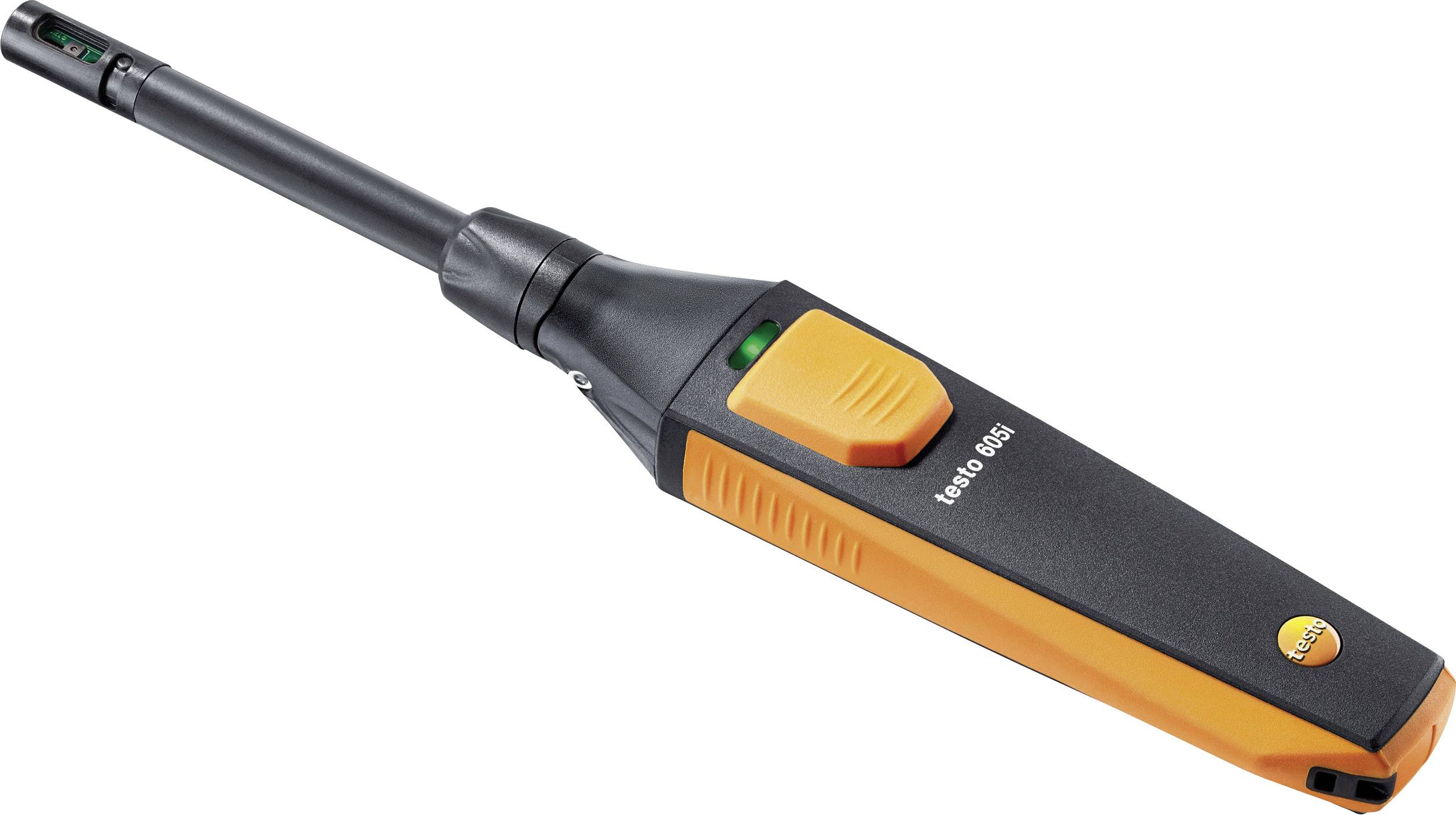Ein schwarzes und orangefarbenes elektronisches Gerät mit der Aufschrift 'testo 405i', vermutlich ein Messgerät mit langer Sonde.