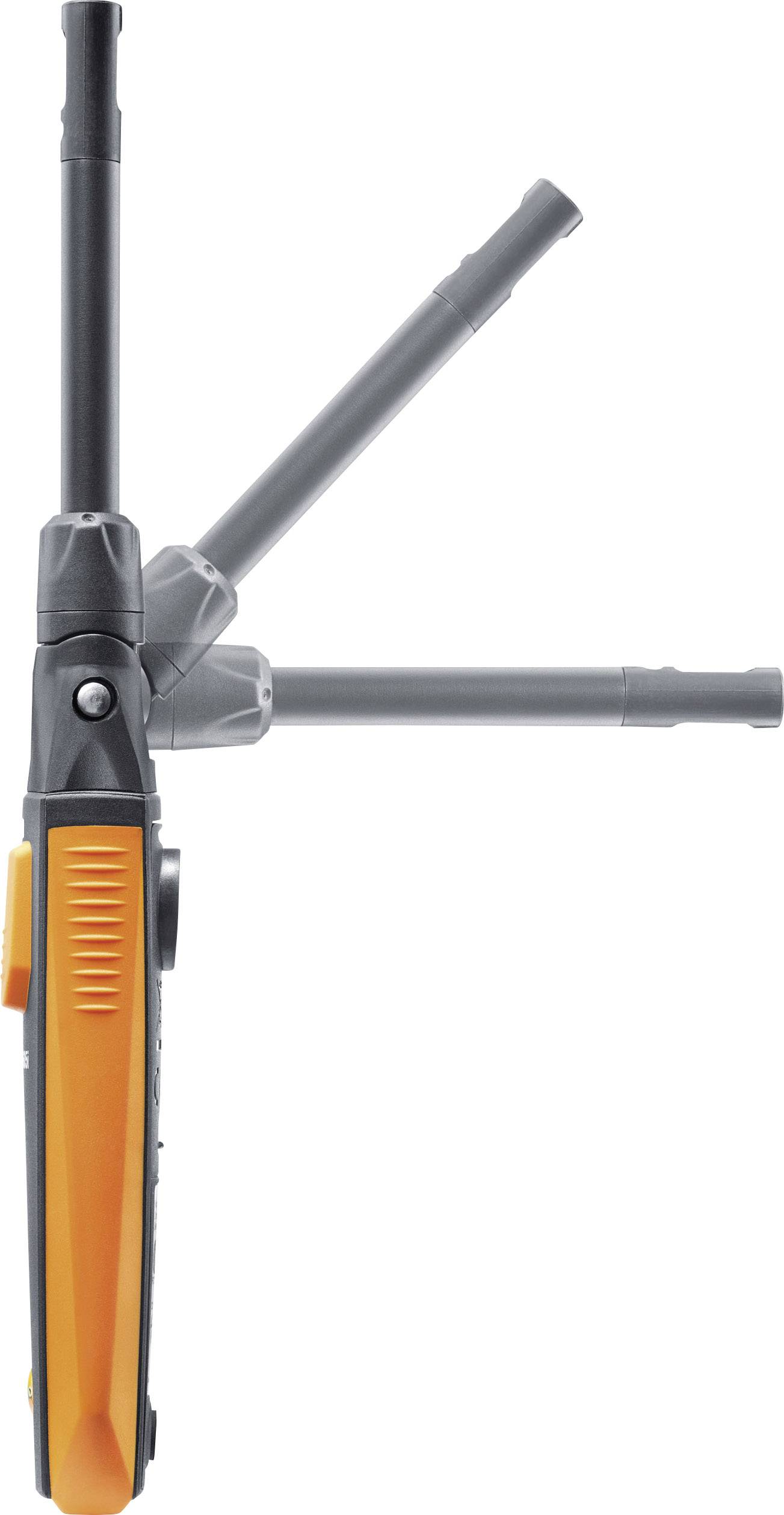 Ein Walkie-Talkie mit orangenem Gehäuse und ausklappbarer Antenne, die in drei Positionen gezeigt wird.