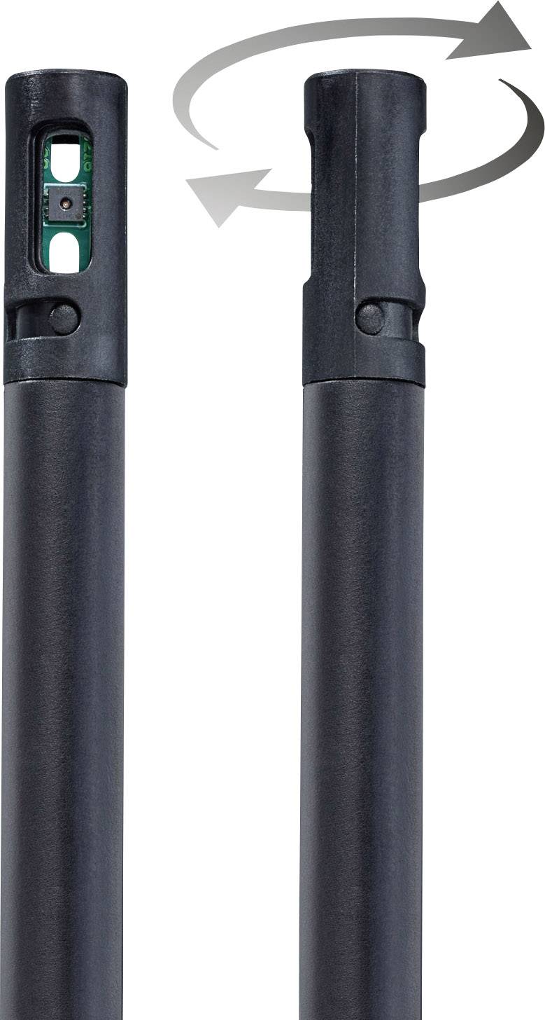 Zwei schwarze Teleskopstangen nebeneinander. Links: mit einer Auslösetaste. Rechts: mit einem drehbaren Mechanismus.