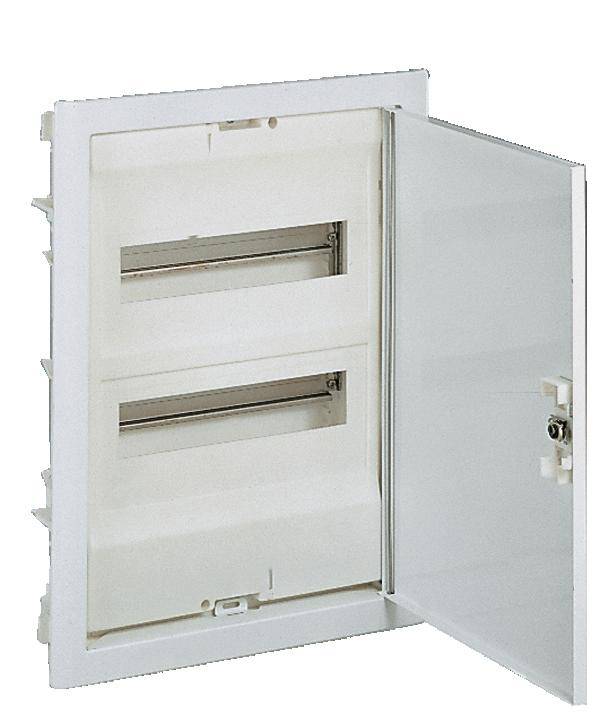 Ein offener, weißer Verteilerkasten mit zwei leeren Plätzen für Geräteaufnahme. Links sind Montagelöcher zu sehen.