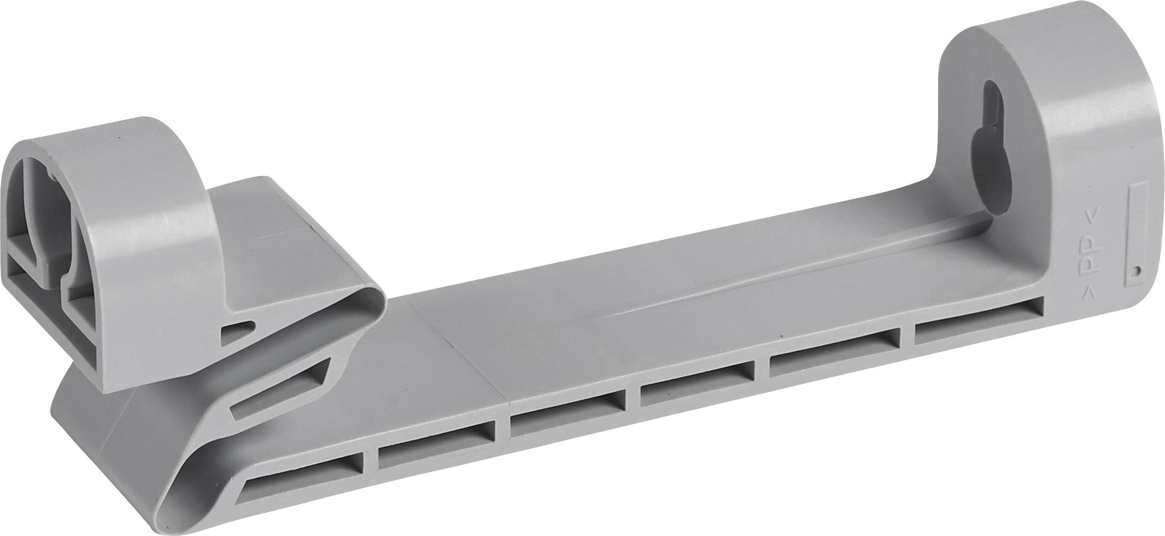 Grauer Kunststoffhalter mit rechteckiger Basis und zwei runden Klammern, designed zur Befestigung von Gegenständen an einer Oberfläche.