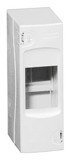 Ein weißes elektronisches Gehäuse mit zwei Schrauben und einem transparenten Fenster in der Mitte, zur Aufnahme von elektrischen Komponenten.