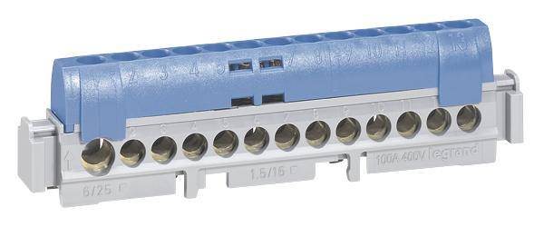 Ein blauer Elektroschaltkasten mit zehn Anschlussbuchsen zum Verteilen von Stromkreisen in elektrischen Installationen.