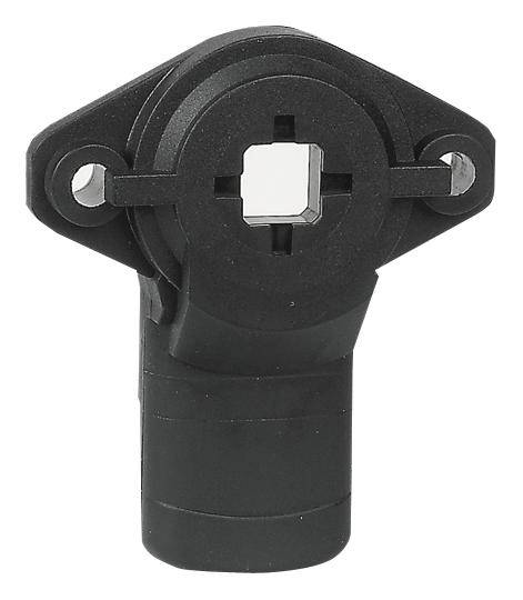 Ein schwarzer, zylindrischer Kunststoffsensor mit zwei Befestigungslöchern. Er hat ein kreuzförmiges Steckverbindungsprofil.
