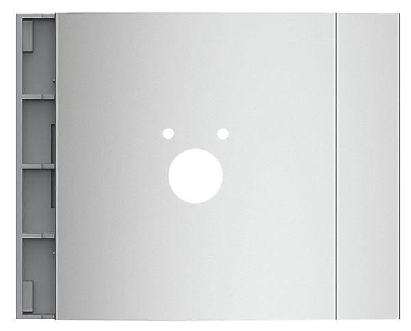 Metallplatte mit kreisförmigen und punktförmigen Ausschnitten. Linksseitige Halterungen sichtbar.