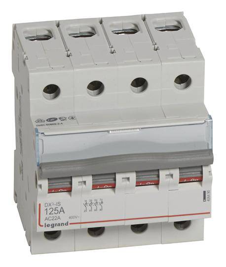 Eine graue elektrische Sicherung mit vier Schaltern, beschriftet '125A' und 'legrand', dient zur Steuerung und Absicherung von Stromkreisen.