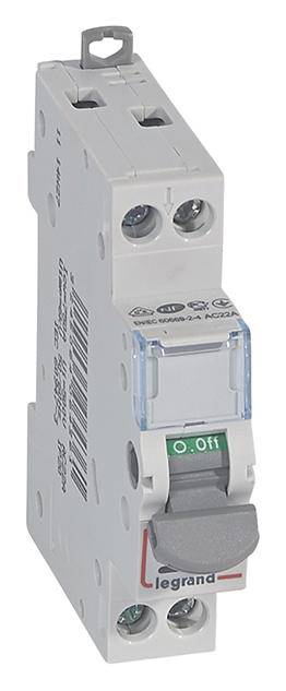 Abbildung eines zweipoligen elektrischen Leistungsschalters der Marke Legrand mit der Aufschrift 'On/Off' auf dem Schalter.
