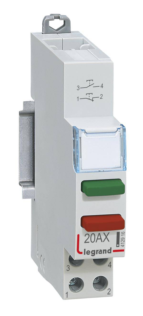 Ein modularer Schalter mit grünem und rotem Knopf, beschriftet mit '20AX' und 'legrand', zur Steuerung elektrischer Schaltkreise.