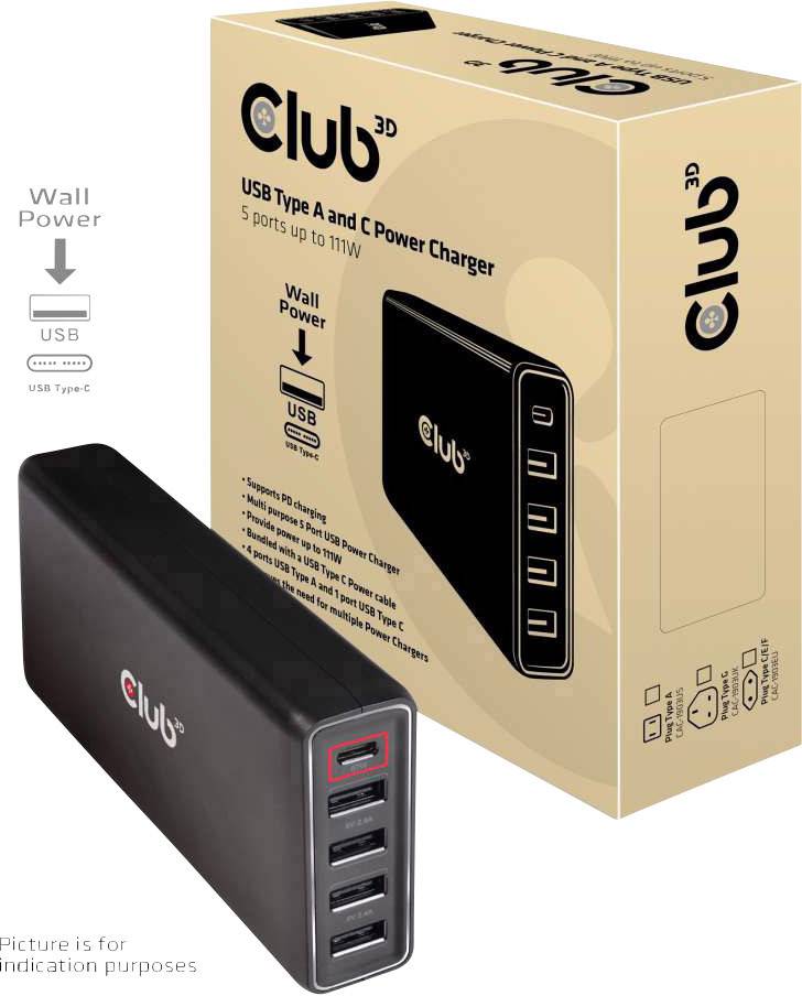 club3D USB Ladestation 111 W 4x USB-C®, 1x USB-A USB PD Schwarz Innenbereich