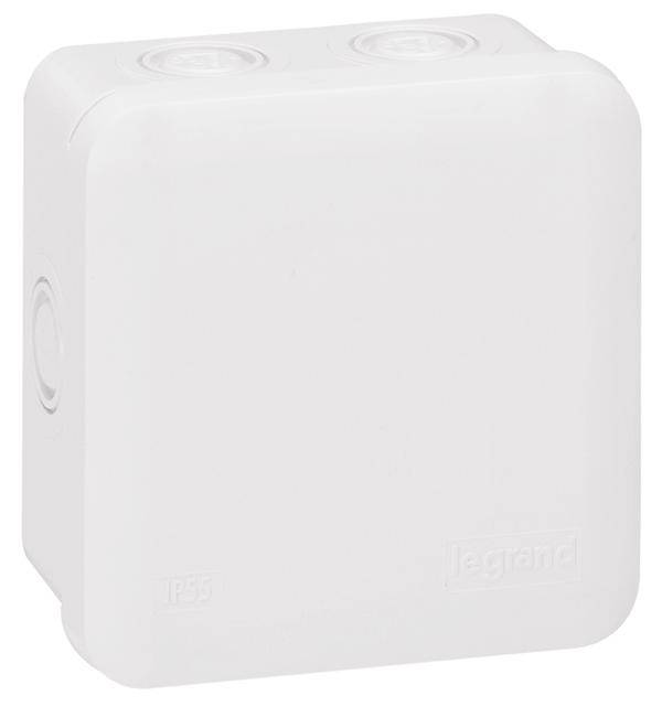 Weiße, quadratische Kunststoffabzweigdose mit abgerundeten Ecken. Geeignet für Elektroinstallationen. Markenlogo 'Legrand' unten rechts.