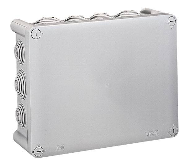 Grauer, rechteckiger Plastikanschlusskasten mit runden, erhabenen Markierungen an den Seiten, verwendet zur Verkabelung.